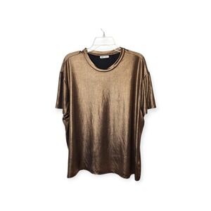 Edgely Brown Gold Metallic Scoop Neck Short Sleeve Oversized Boho Top XL‎